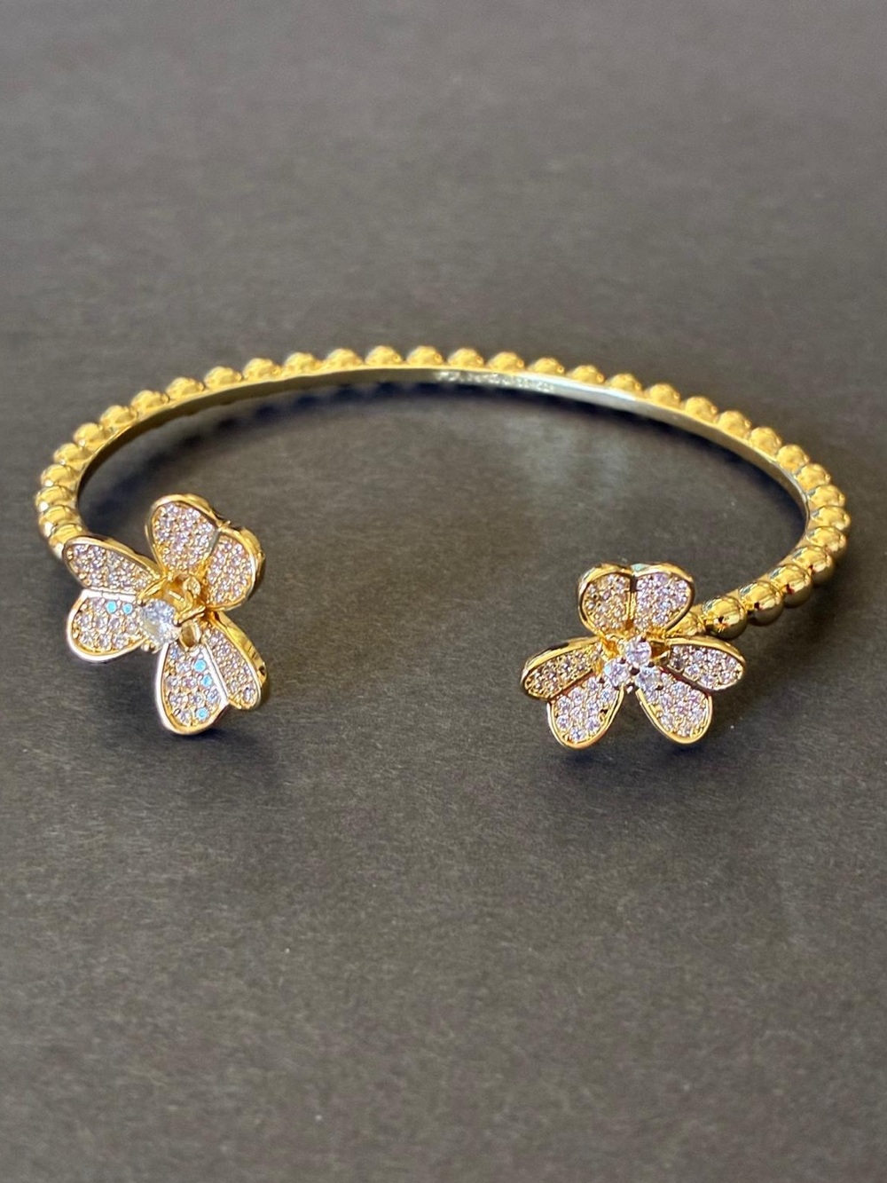 Stainless Steel Fashion Gold Flower Bangle Bracelet Rhinestones Adjustable